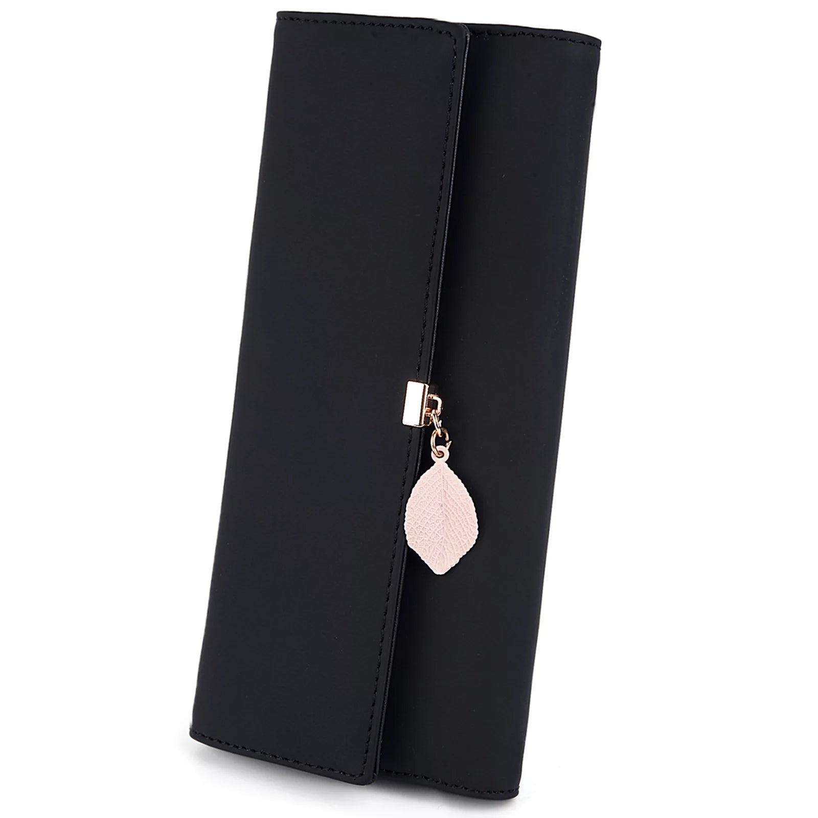 Womens Wallet PU Leather RFID Blocking Card Holder Elegant Zipper Coin Purse Leaf Pendant(Black)