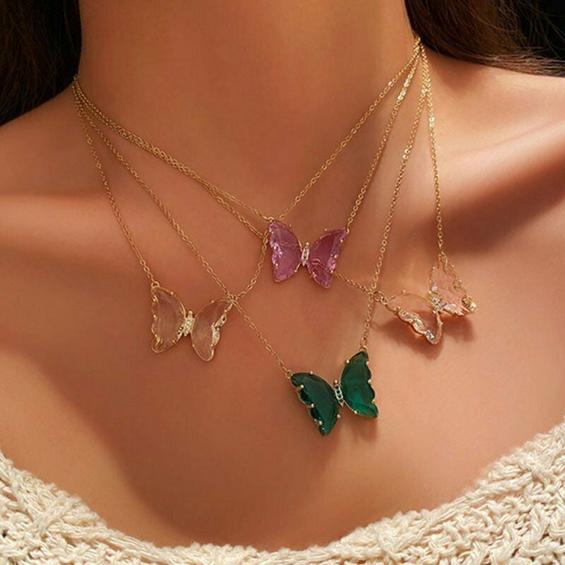 Fashion Bohemia Crystal Transparent Butterfly Pendant Necklace Choker Clavicle Gold Chain Women Gift Jewelry Gift