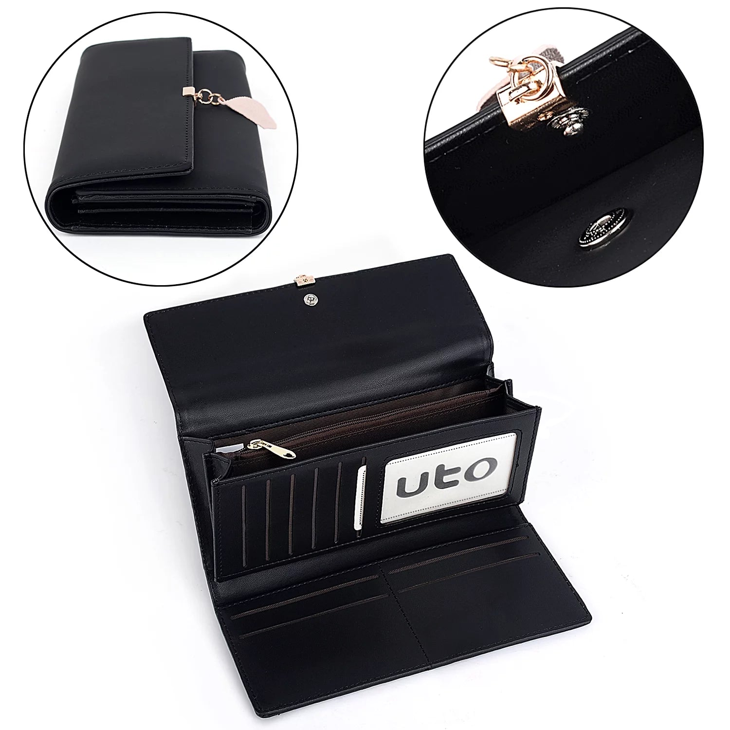 Womens Wallet PU Leather RFID Blocking Card Holder Elegant Zipper Coin Purse Leaf Pendant(Black)