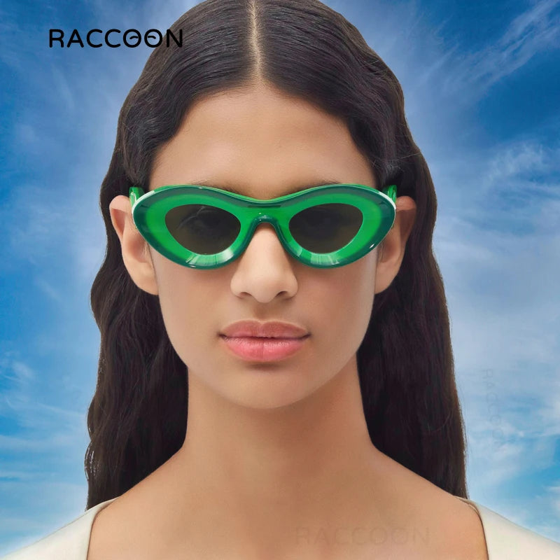 Concave Cat Eye Hue Sunglasses Women Vintage Two Color Oval Sun Glasses Men Blue Green Shades Fashion Luxury Retro Brand Design
