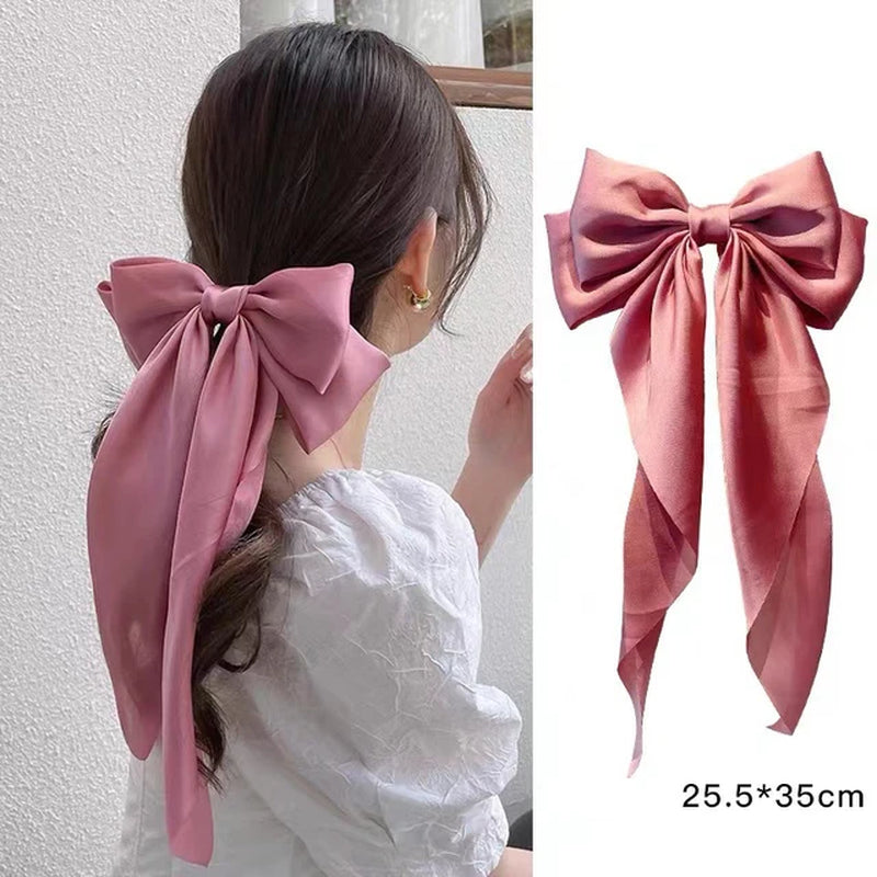 Elegant Red Streamer Large Bow Ribbon Hair Clip for Women Fashion Simple Solid Satin Ponytail Bow Hairpin Girls Hair Accessories