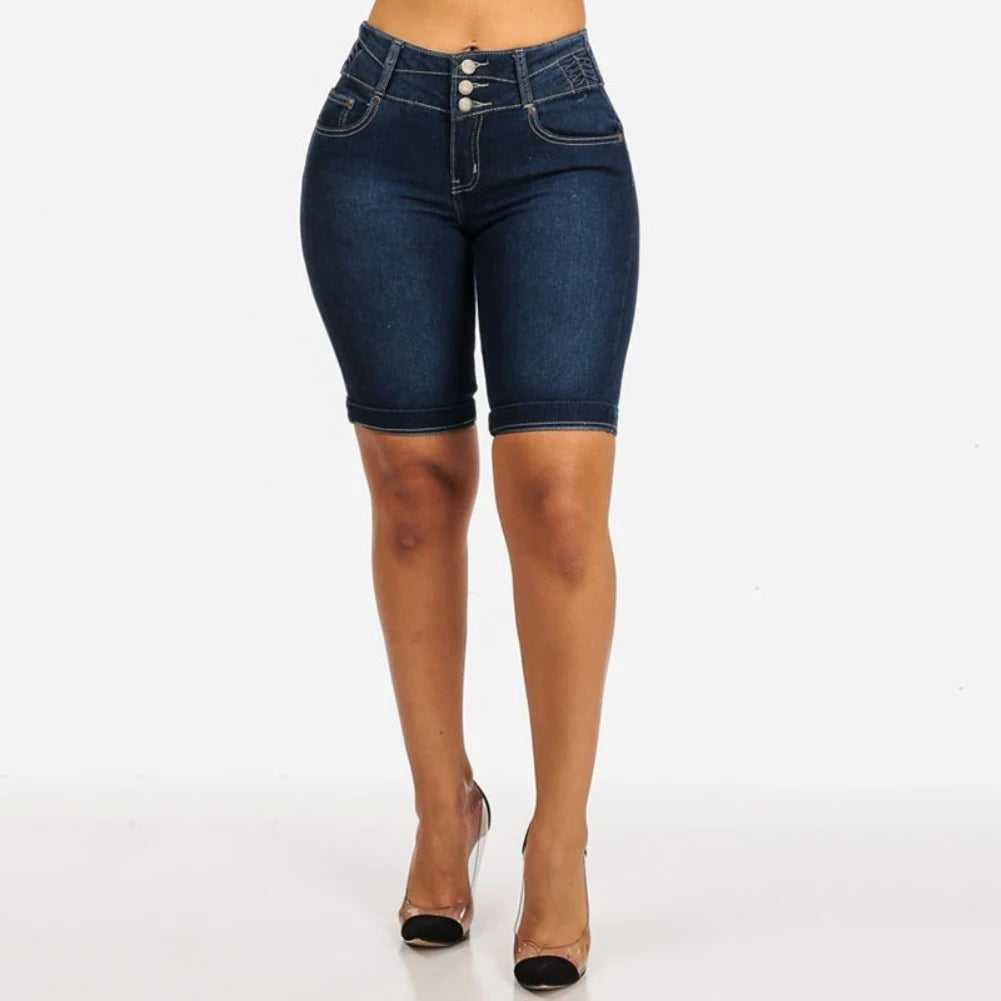 Plus Size Denim Shorts Women Summer Elastic Slims Fit Bodycon Knee Length Shorts Skinny Denim Shorts for Women Short Feminino